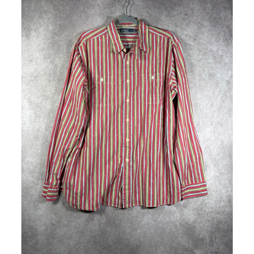 Polo Ralph Lauren Button Down Shirt Mens L Red Multi Stripe Aztec Southwestern